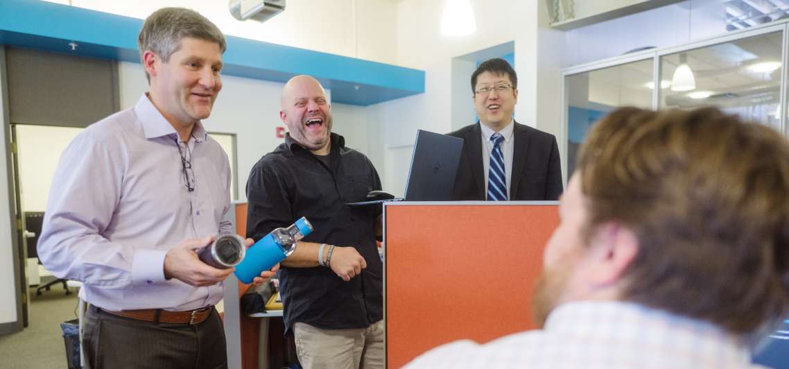 Justin Seibert meets with the DOM team. DOM has great digital marketing jobs in Pittsburgh.