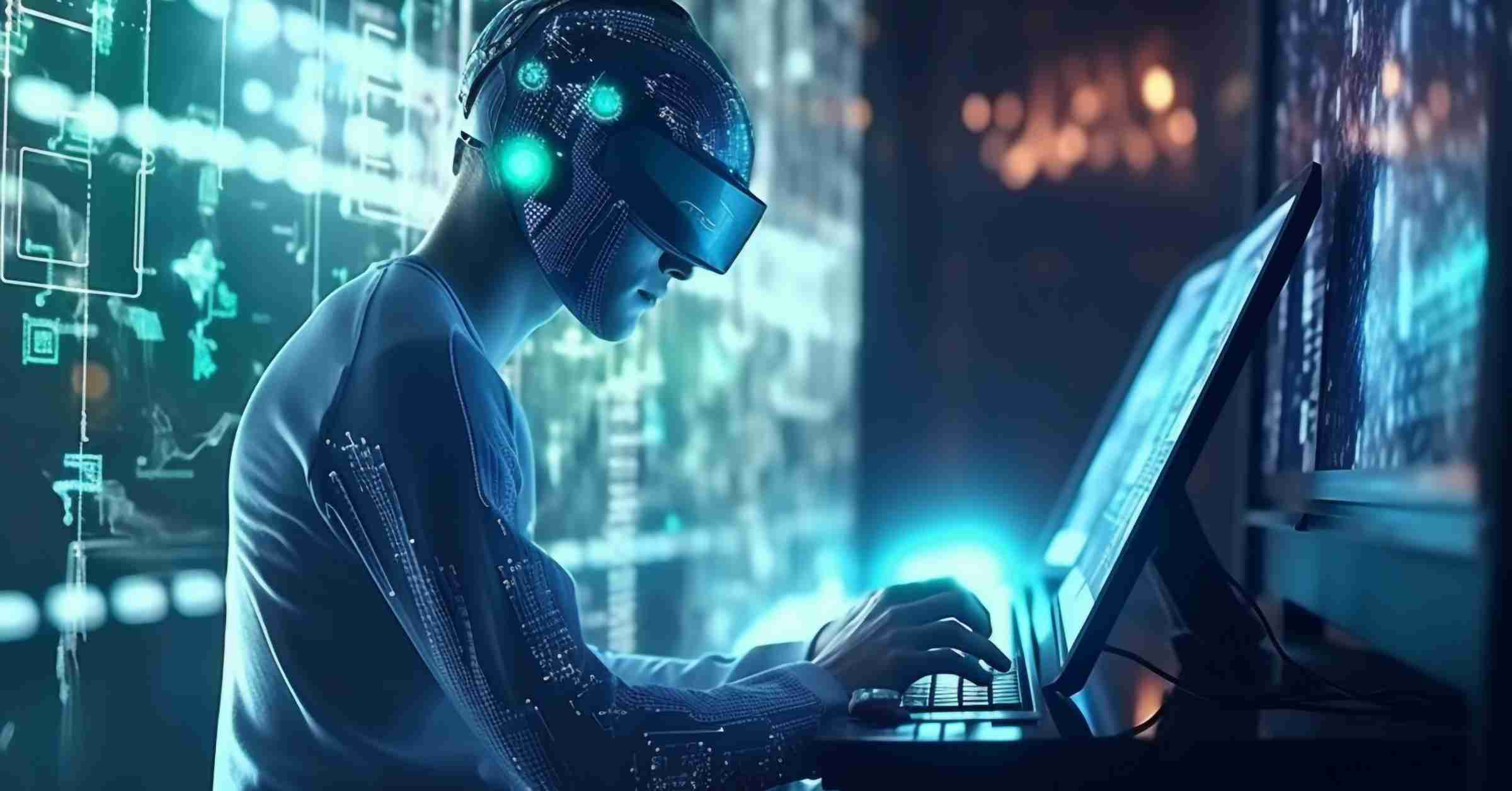 AI Web Design | Web Design AI | Cybernetic Man Works at Laptop