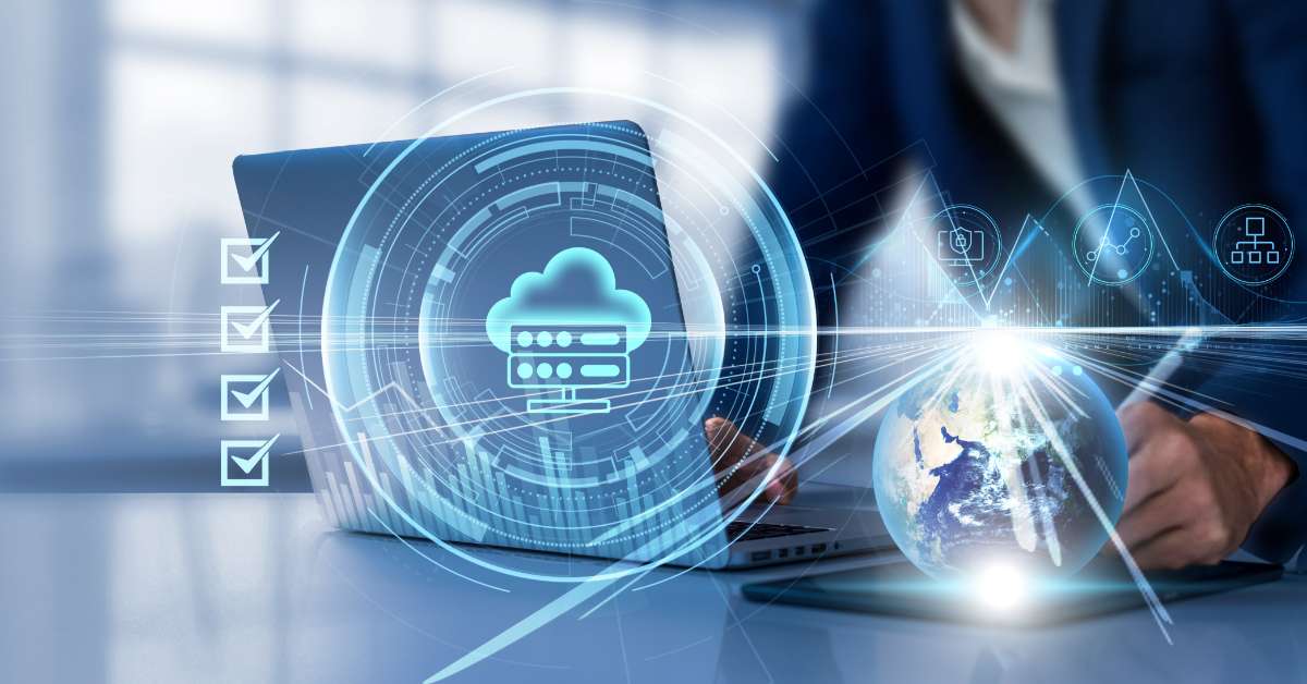 marketing professional on laptop with digital texture overtop