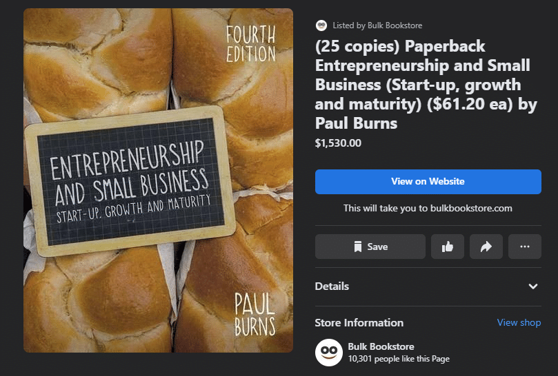 b2b social commerce example - Bulk Bookstore's Facebook Shop