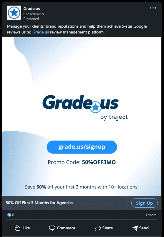 b2b social commerce example - Grade.us's LinkedIn Ads