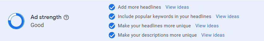 responsive search ads - ad strength tracker