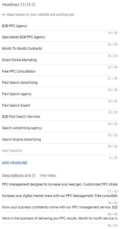 Responsive search ad fields in Google Ads UI