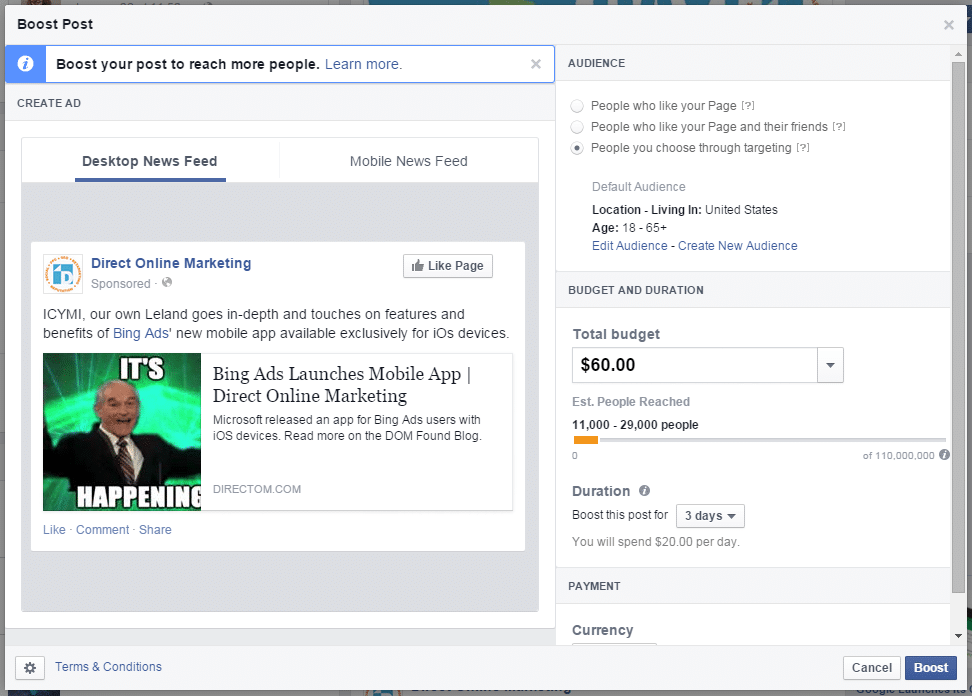 Some targeting and bidding options for boosting posts.
