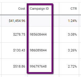 Filter by campaign ID - finding campaign ID columns in the viewing menu