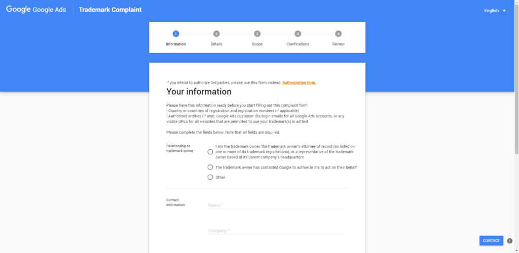 Google Ads Trademark Complaint Form
