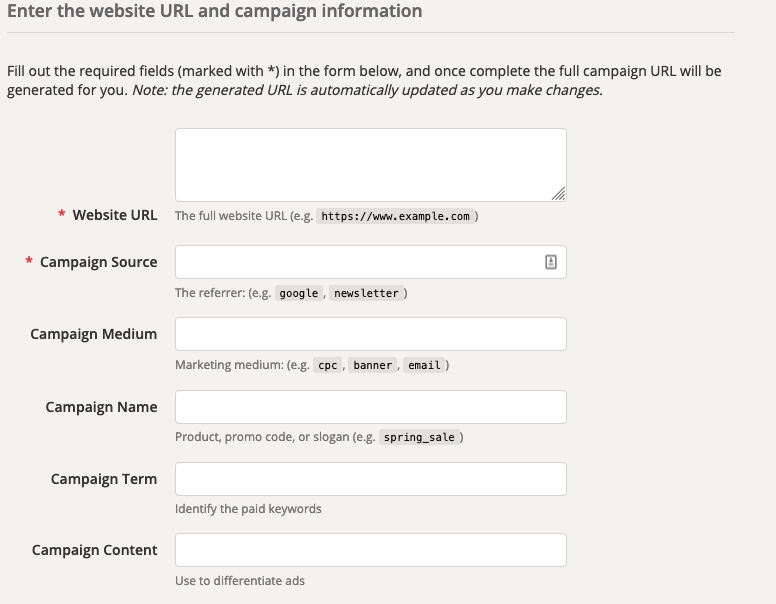 A screencap of Google's URL builder tool