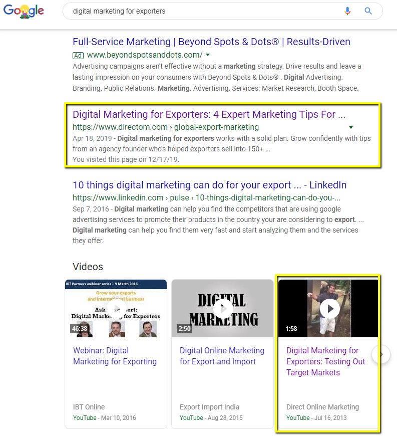 DOM barnacle SEO case study - youtube video carousel