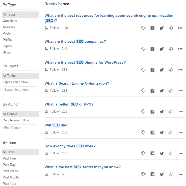 quora keyword search results page