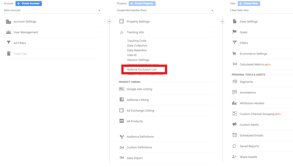 google analytics property column selecting referral exclusion list dom blog