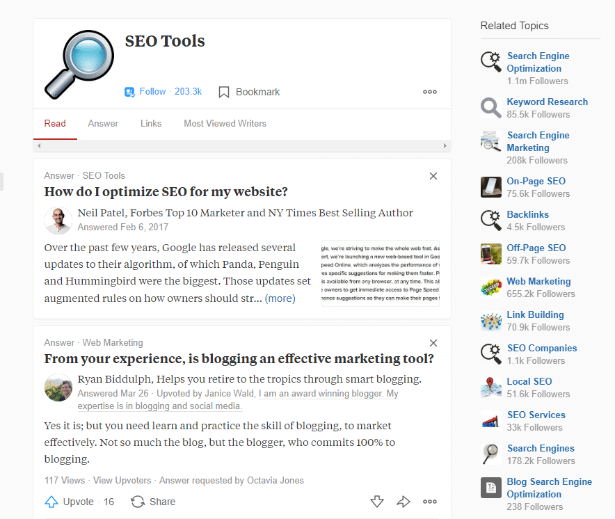 quora topic landing page