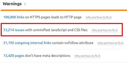 unminified javascript and css files in semrush